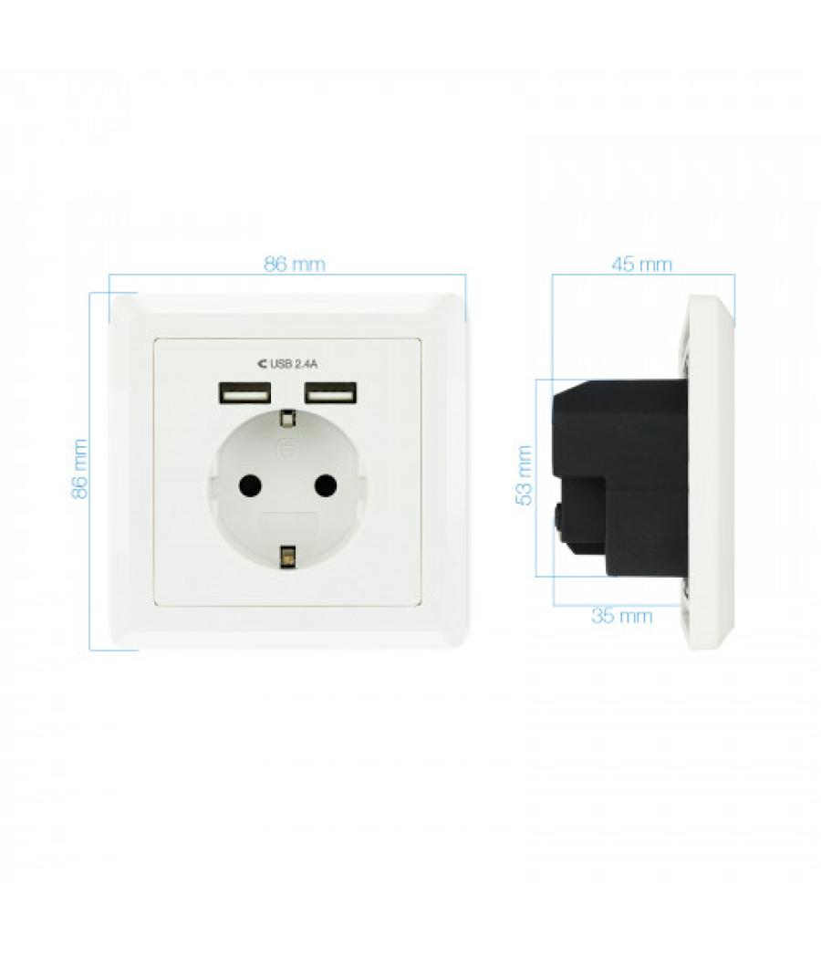 Nanocable base de enchufe de pared tipo schuko con 2 tomas usb max. 2.4a, blanca