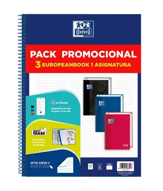 Oxford cuaderno school europeanbook 1 write&erase 80h a4 5x5 t/extradura c/surtidos pack promocional 3 ud