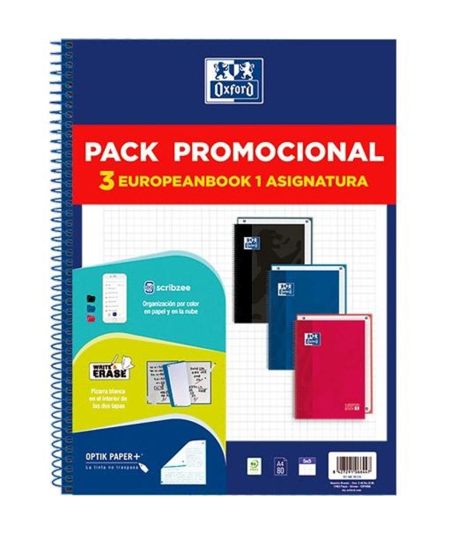 Oxford cuaderno school europeanbook 1 write&erase 80h a4 5x5 t/extradura c/surtidos pack promocional 3 ud