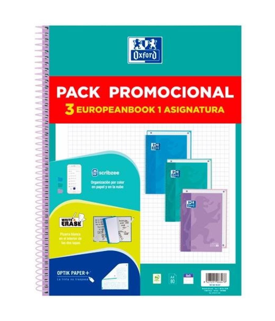 Oxford cuaderno touch europeanbook 1 write&erase 80h a4 5x5 t/extradura c/surtidos pastel pack promocional 3 ud