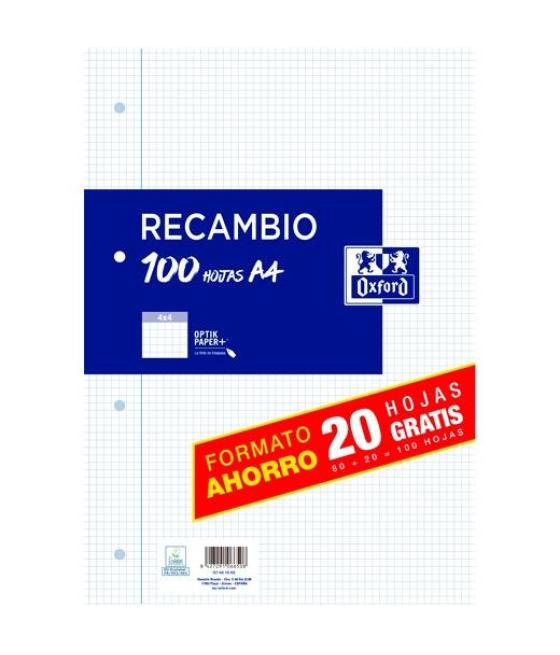 Oxford recambio classic 80h + 20h gratis a4 c/ margen 4x4mm 4 taladros