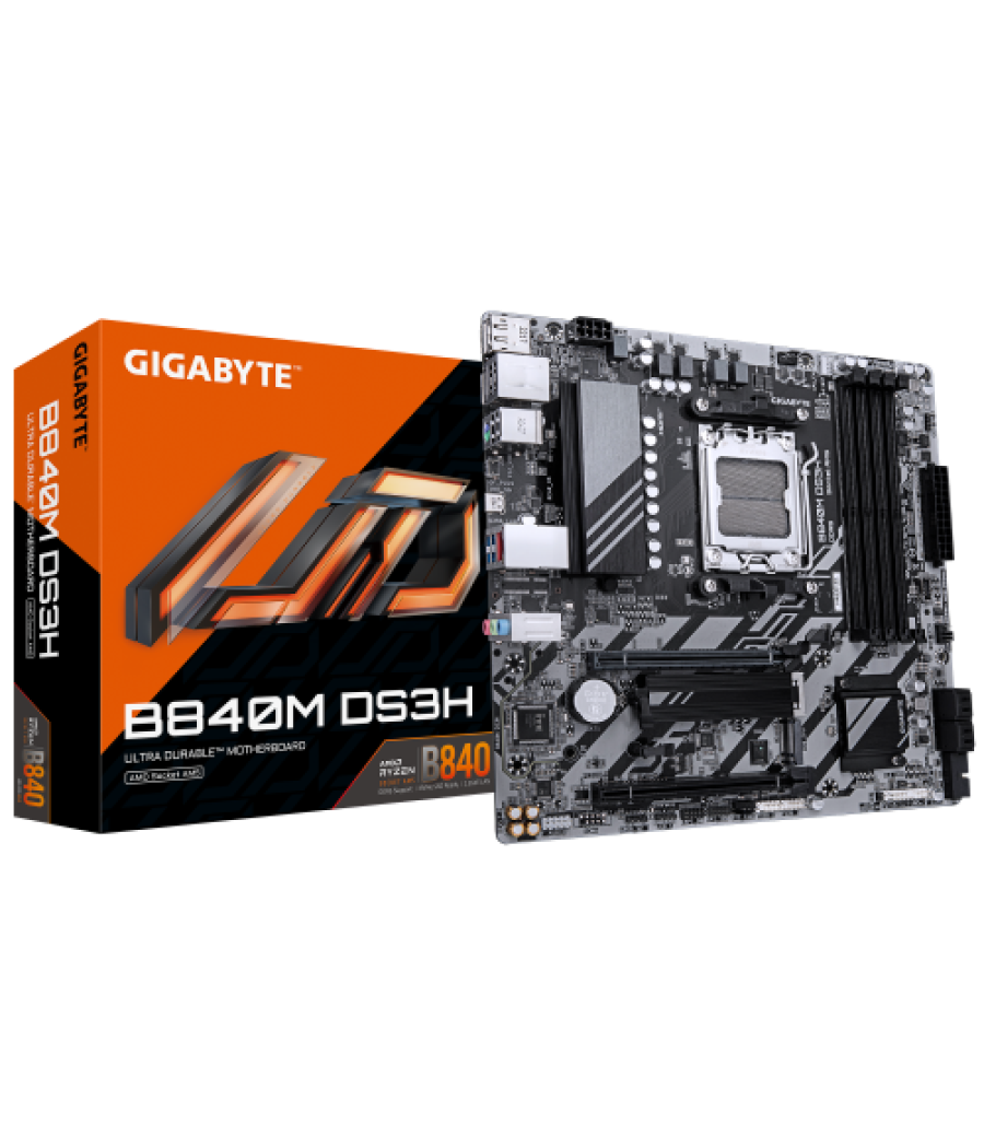 Gigabyte b840m ds3h placa base - procesadores amd ryzen 9000, vrm de 8+2+2 fases, hasta 8200 mhz ddr5, 2xpcie 4.0 m.2, lan 2.5gb