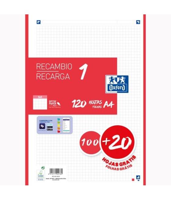 Oxford recambio classic 100h + 20h gratis a4 sueltas 90gr 5x5mm 4 taladros 1 banda color rojo