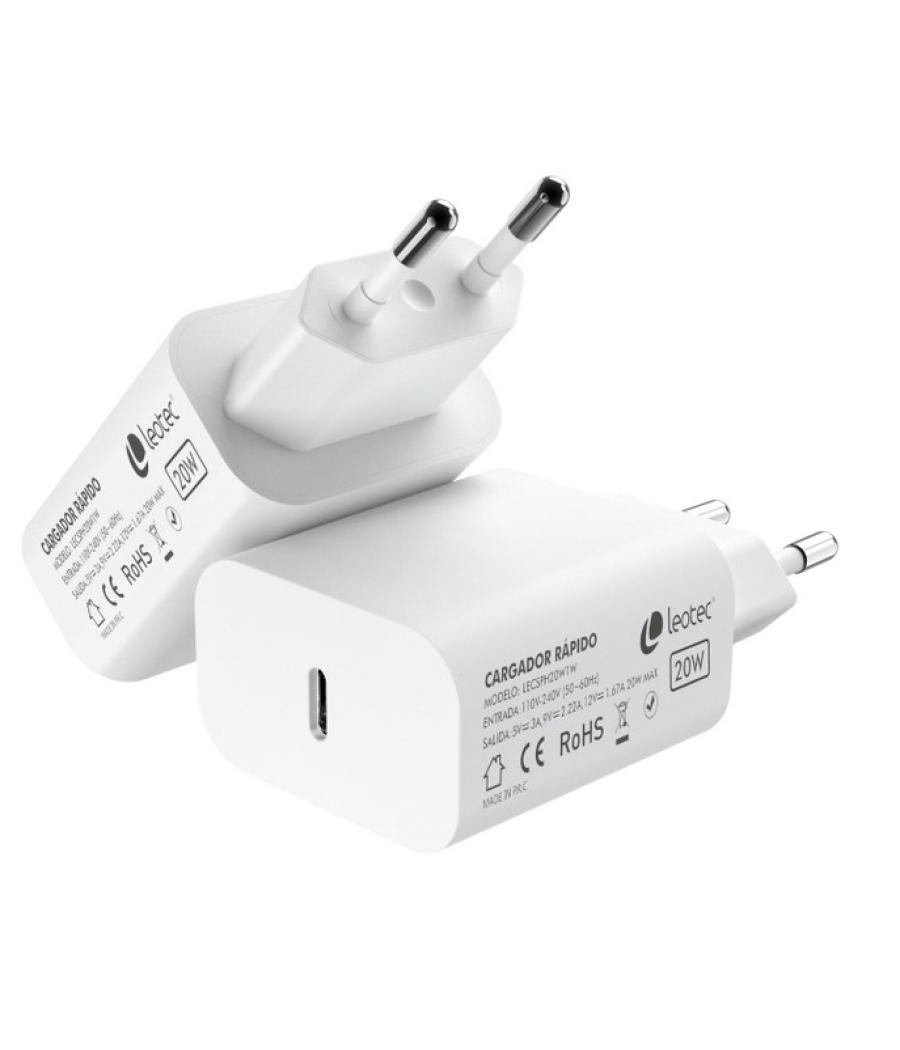 Cargador de pared leotec usb c 20w 3.0 5v3a 9v2 -22a 12v1 -67a blanco