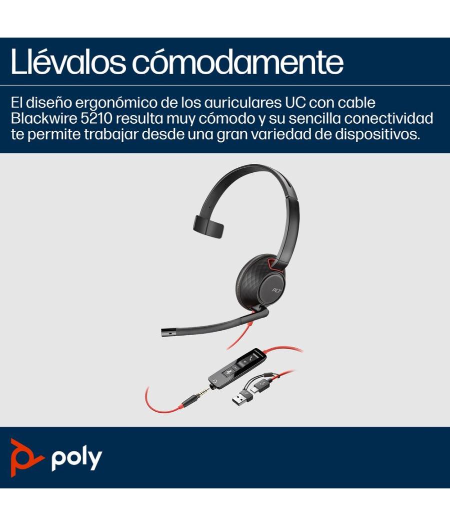 Auriculares poly blackwire 5210 monaural usb - c + conector de 3 -5 mm + adaptador usb - c - a (bulk)