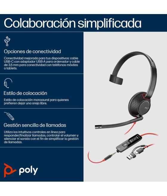 Auriculares poly blackwire 5210 monaural usb - c + conector de 3 -5 mm + adaptador usb - c - a (bulk)