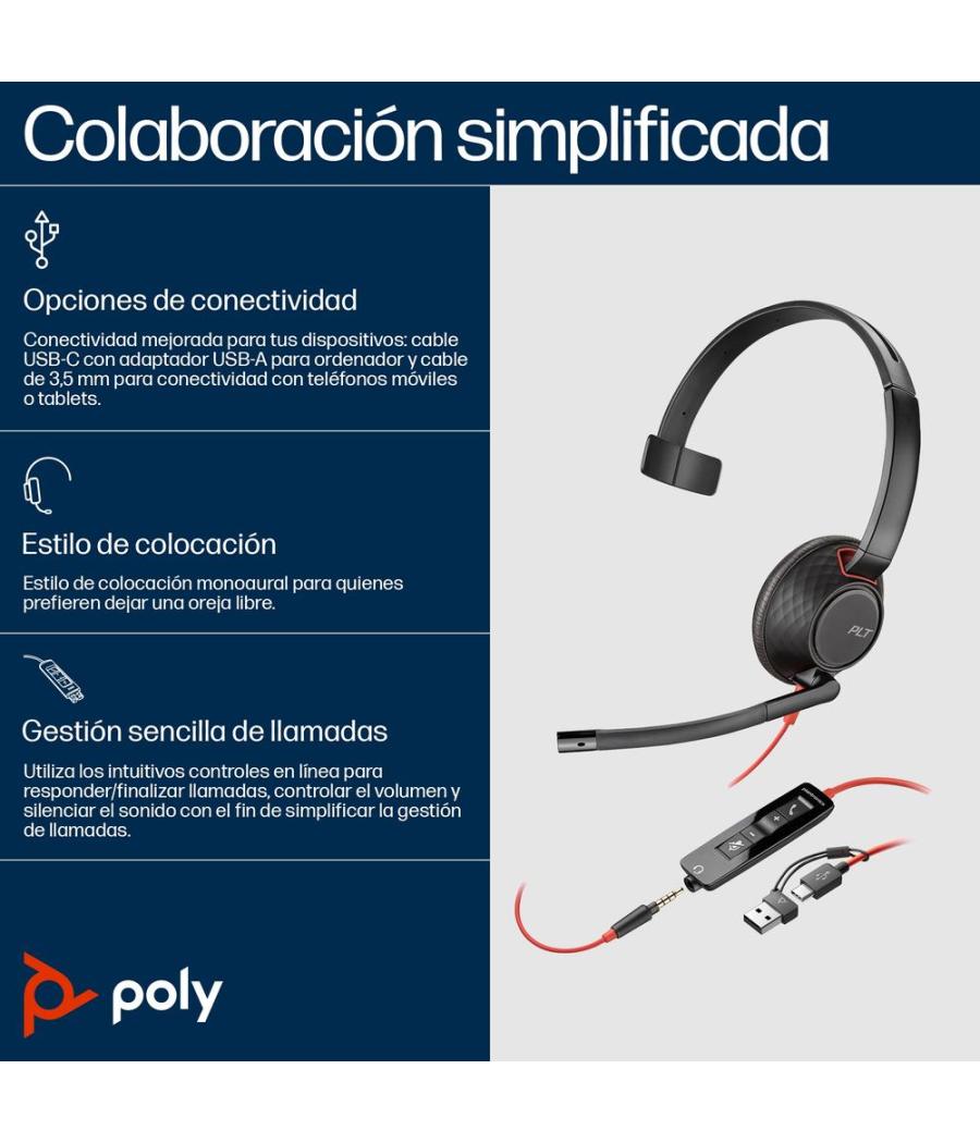 Auriculares poly blackwire 5210 monaural usb - c + conector de 3 -5 mm + adaptador usb - c - a (bulk)