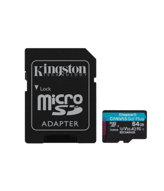 Kingston technology tarjeta microsdxc canvas go plus gen4 de 64 gb, 200 mb/s, a2 u3 v30 y adaptador