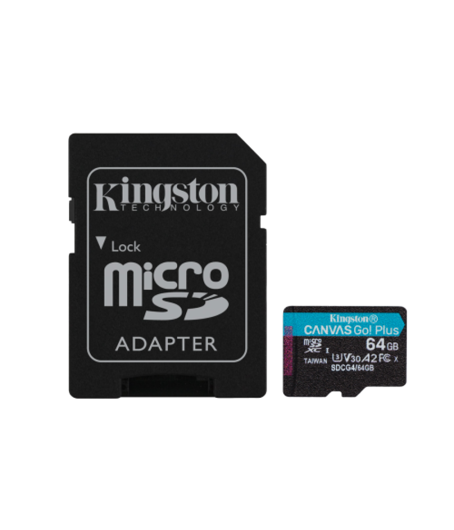 Kingston technology tarjeta microsdxc canvas go plus gen4 de 64 gb, 200 mb/s, a2 u3 v30 y adaptador