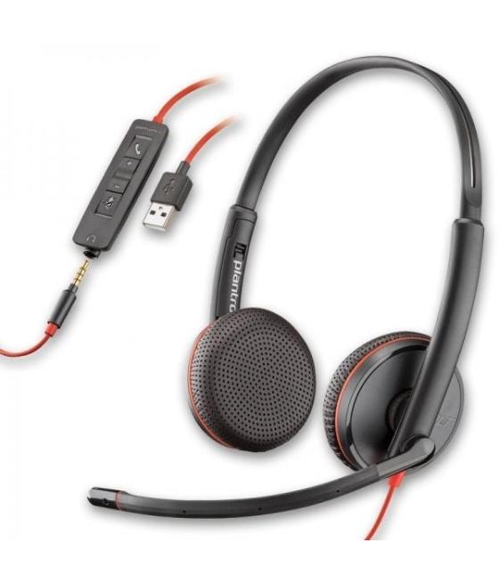 Hp poly auriculares blackwire c3225 diadema estéreo c/ micrófono control de volumen jack 3.5mm con adaptador usb-c a usb-a negro