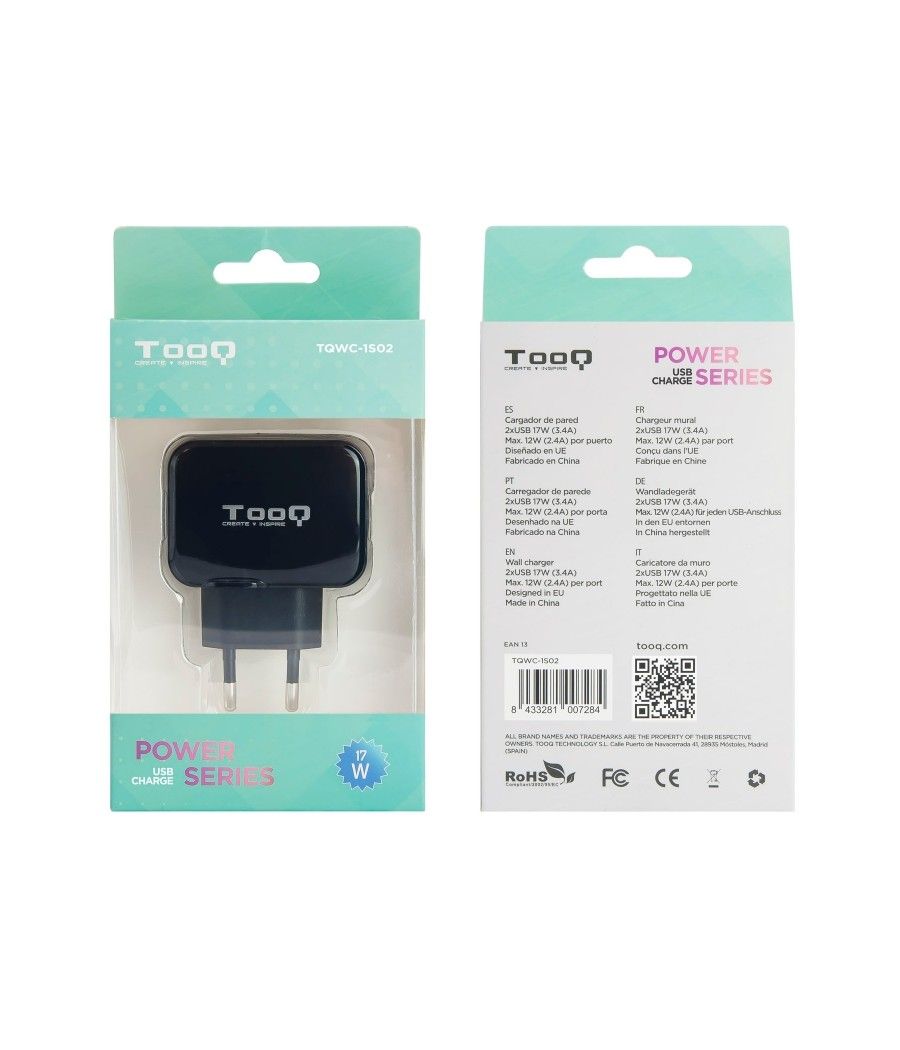 TooQ TQWC-1S02 Cargador de pared 2 USB Negro - Imagen 9