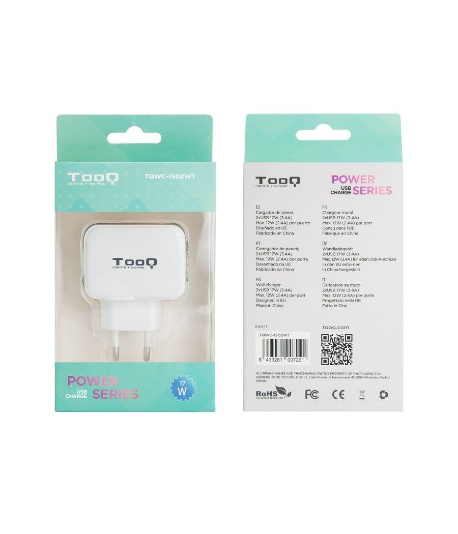TooQ TQWC-1S02WT Cargador de pared 2 USB Blanco - Imagen 8