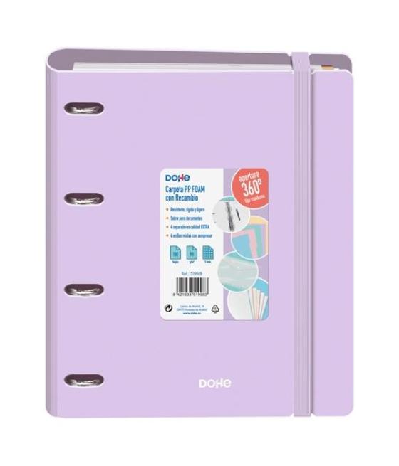 Dohe carpeta anillas mixtas 4x35mm recambio a4 100h 5x5mm 90gr 4 separadores polyfoam morado pastel