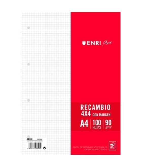 Enri recambio plus 100h a4 90gr 4x4 c/margen 4 taladros