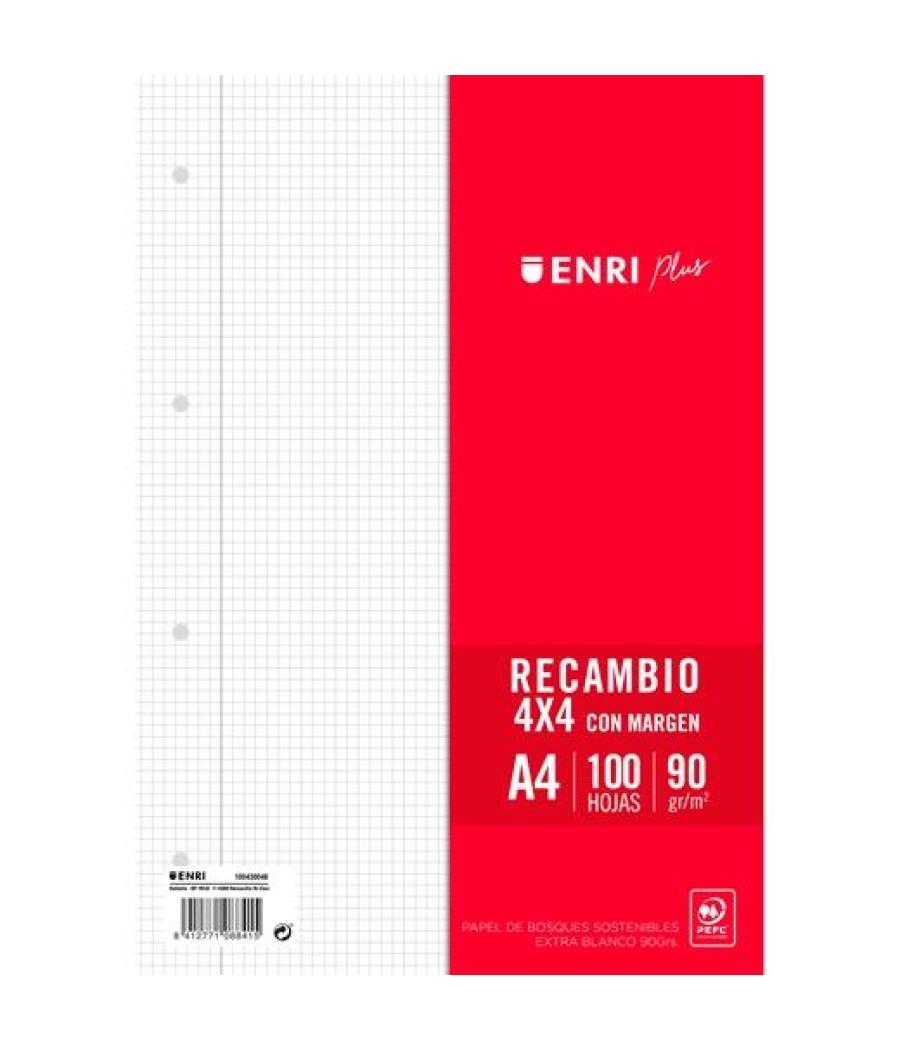 Enri recambio plus 100h a4 90gr 4x4 c/margen 4 taladros blanco