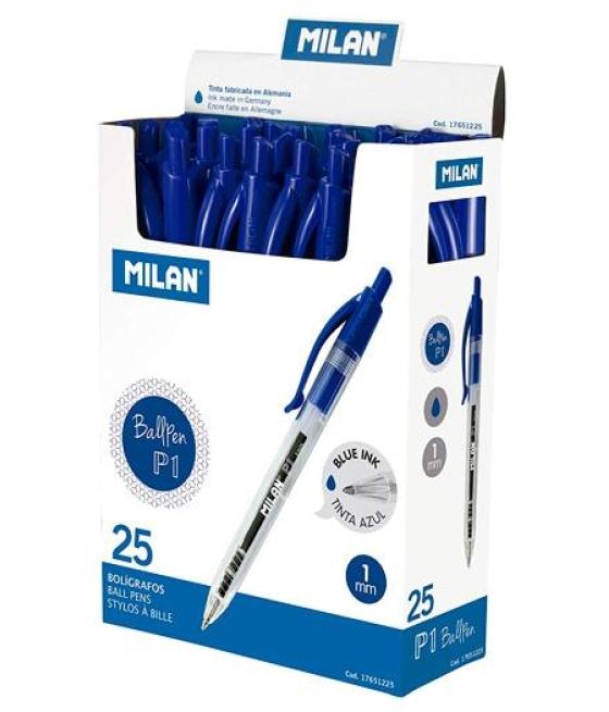 Milan bolígrafo p1 cuerpo transparente azul -caja 25u-