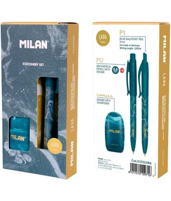 Milan caja regalo serie lava con bolígrafo p1, portaminas pl1 0.5 y afilaborra capsule azul