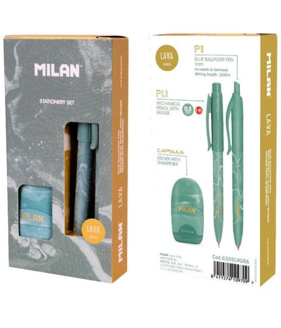 Milan caja regalo serie lava con bolígrafo p1, portaminas pl1 0.5 y afilaborra capsule verde