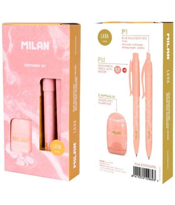 Milan caja regalo serie lava con bolígrafo p1, portaminas pl1 0.5 y afilaborra capsule rosa