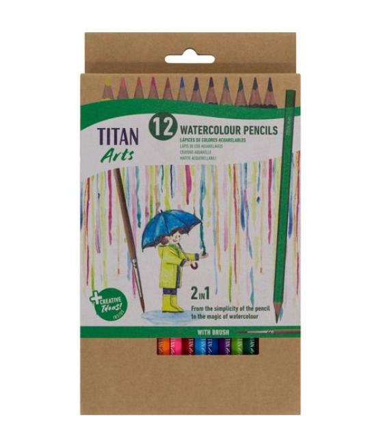 Titan arts lápices de colores acuarelables surtidos estuche 12 ud + pincel