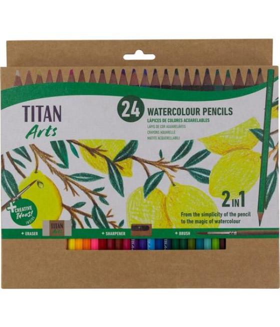 Titan arts lápices de colores acuarelables surtidos estuche 24 ud + pincel + goma + sacapuntas