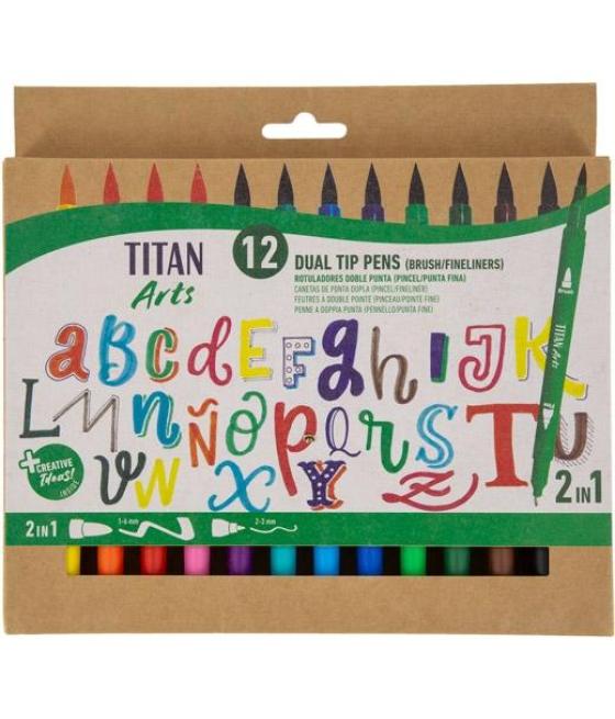 Titan arts rotuladores doble punta fina/pincel colores surtidos estuche 12 ud