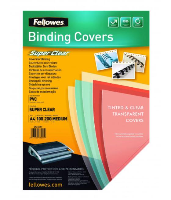 Pack 100 portadas pvc transparente cristal 150 micras a4 fellowes 5376001
