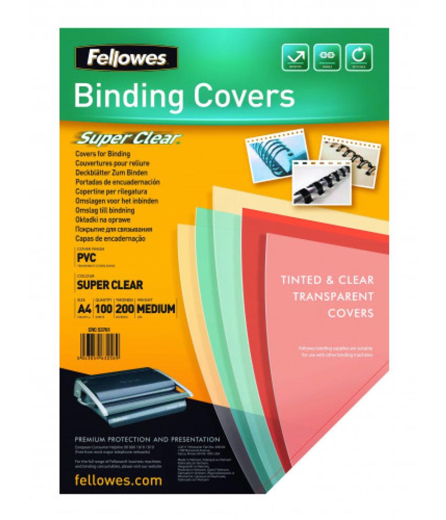Pack 100 portadas pvc transparente cristal 150 micras a4 fellowes 5376001