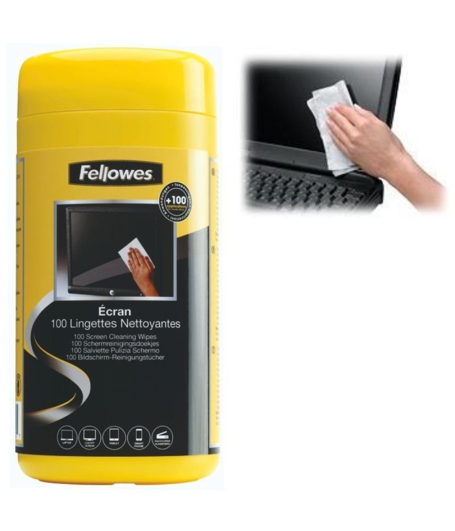 Dispensador de 100 toallitas fellowes 9183101 para limpieza de pantallas/ pack de 6 unidades