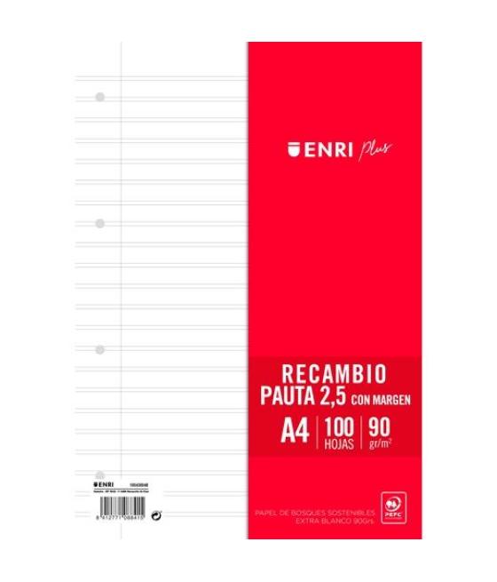 Enri recambio plus 100h a4 90gr pauta 2,5 c/margen 4 taladros blanco