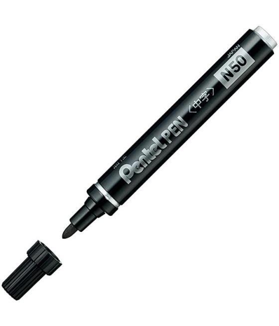 Pentel pen n50-ae marcador permanente cuerpo aluminio negro y punta media conica -12u-