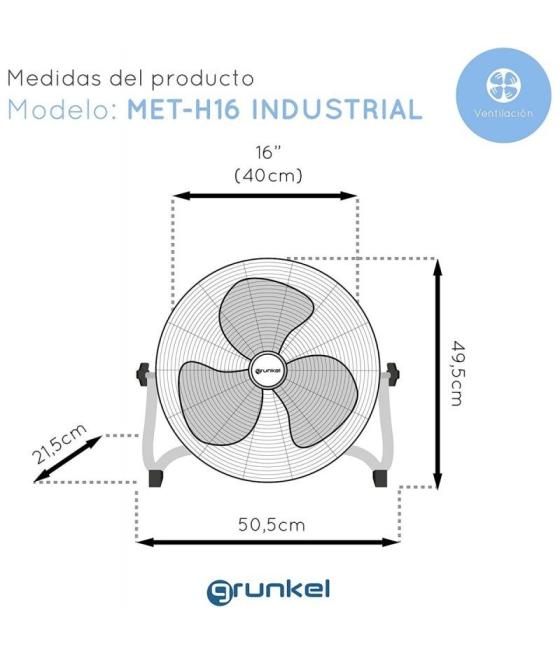 Ventilador de suelo industrial grunkel met-h16industrial/ 90w/ 3 aspas 40cm/ 3 velocidades