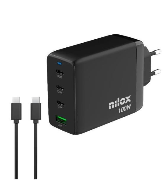 Nilox cargador universal gan 100w 4 puertos y cable usb-c a esb-c de 2 metros negro