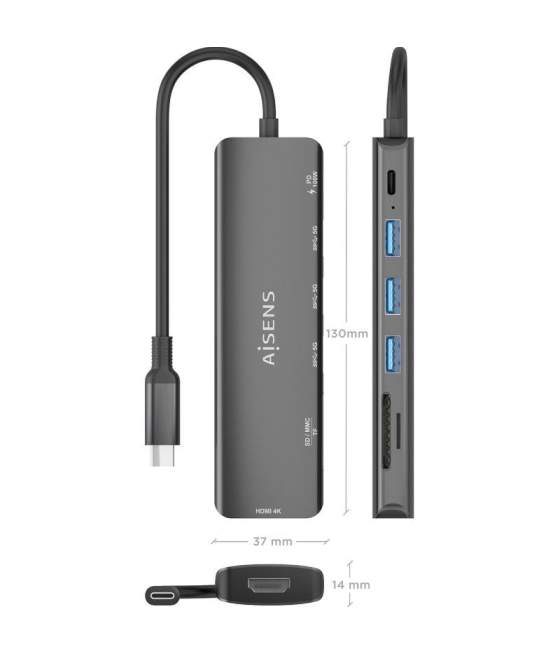 Docking usb tipo-c aisens asuc-7p025-gr/ 1xhdmi/ 3xusb/ 1xusb tipo-c pd/ 1xlector tarjetas/ gris