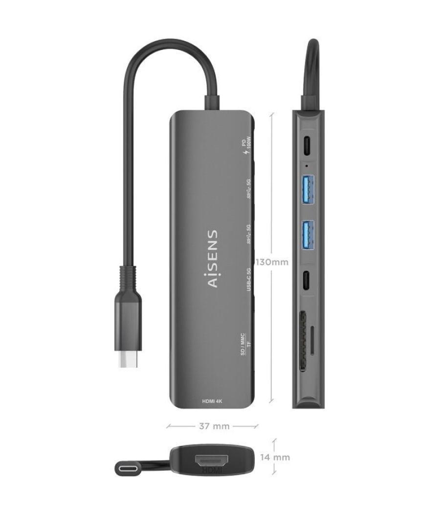 Docking usb tipo-c aisens asuc-7p026-gr/ 1xhdmi/ 2xusb/ 1xusb tipo-c / 1xusb tipo-c pd/ 1xlector tarjetas/ gris