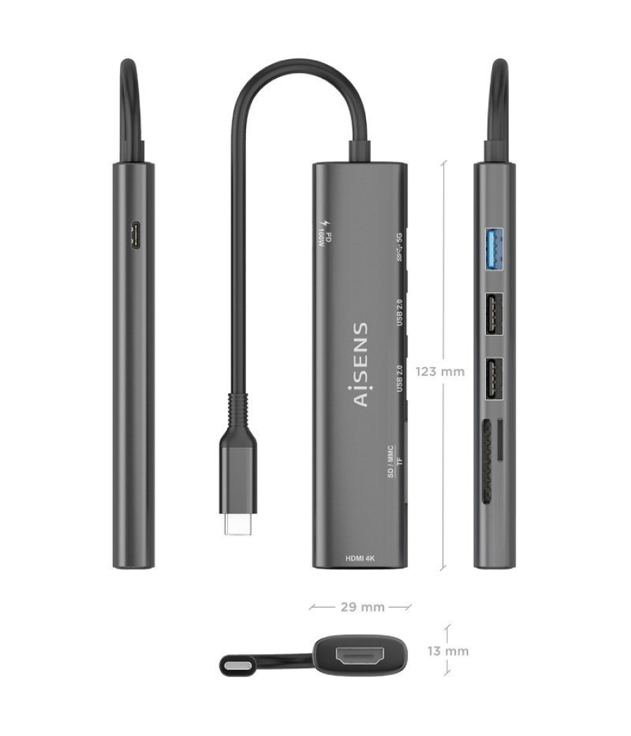 Docking usb tipo-c aisens asuc-7p025-gr/ 1xhdmi/ 3xusb/ 1xusb tipo-c pd/ 1xlector tarjetas/ gris