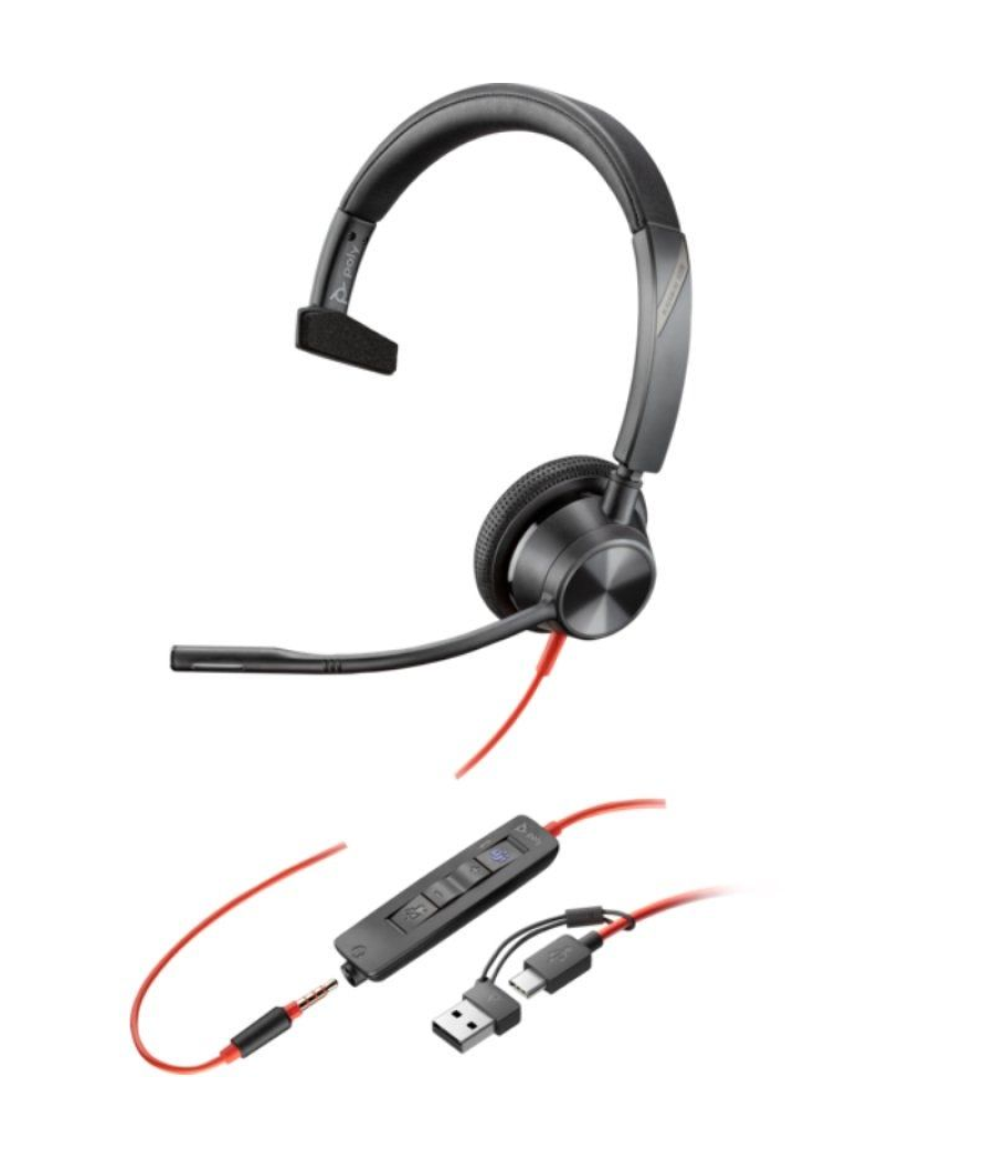 Auricular poly blackwire 3315 para microsoft teams + adaptador usb-c/a/ con micrófono/ jack 3.5/ negro