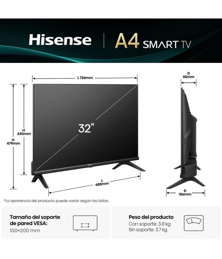 Tv hisense 32 pulgadas led hd ready - 32a4q - smart tv