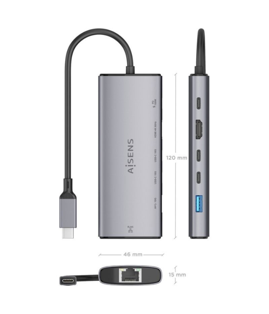 Docking usb tipo-c aisens asuc-6p030-gr/ 1xhdmi/ 1xusb/ 2xusb tipo-c/ 1xrj45/ 1xusb tipo-c pd/ gris