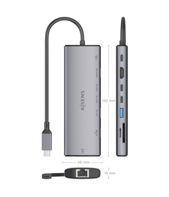 Docking usb tipo-c aisens asuc-8p033-gr/ 1xhdmi/ 1xusb/ 2xusb tipo-c/ 1xrj45/ 1xlector tarjetas/ 1xusb tipo-c pd/ gris