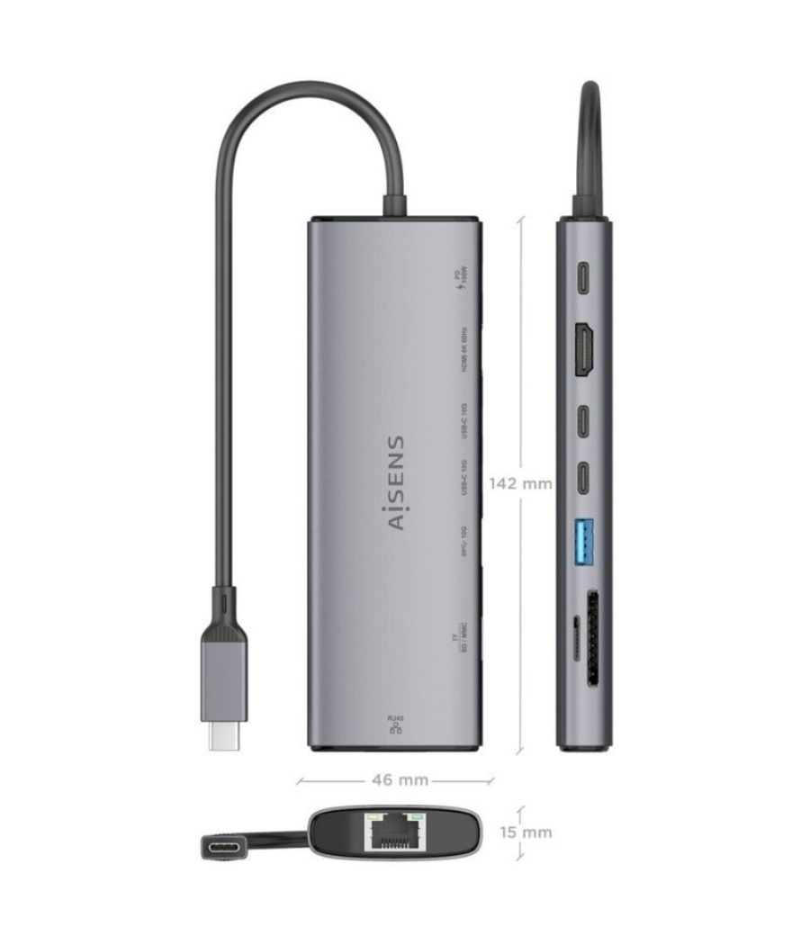 Docking usb tipo-c aisens asuc-8p033-gr/ 1xhdmi/ 1xusb/ 2xusb tipo-c/ 1xrj45/ 1xlector tarjetas/ 1xusb tipo-c pd/ gris