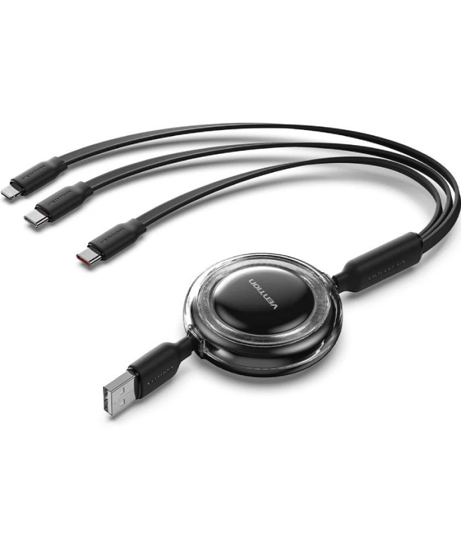Cable usb retráctil vention trjbbe/ usb macho - lightning/ 2xusb tipo-c/ hasta 17.5w/ 10gbps/ 1.1m/ negro