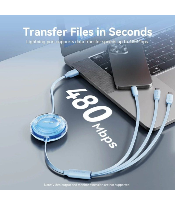 Cable usb retráctil vention trjbbe/ usb macho - lightning/ 2xusb tipo-c/ hasta 17.5w/ 10gbps/ 1.1m/ negro