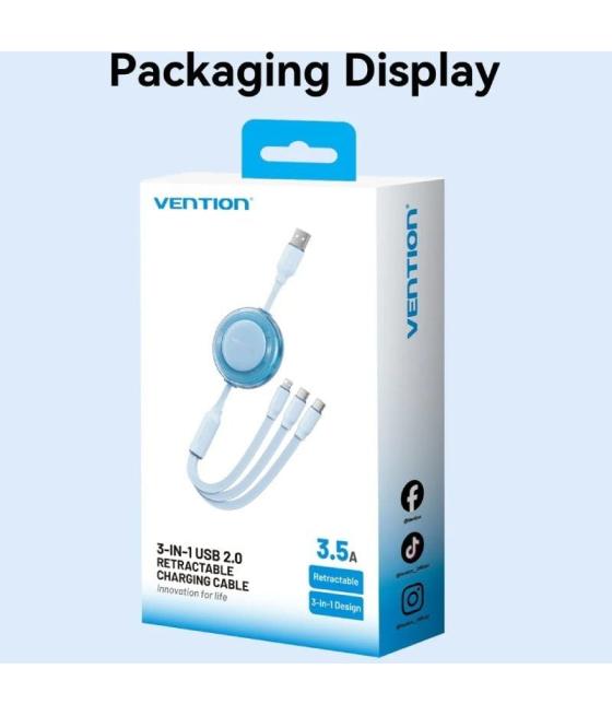 Cable usb retráctil vention trjbbe/ usb macho - lightning/ 2xusb tipo-c/ hasta 17.5w/ 10gbps/ 1.1m/ negro