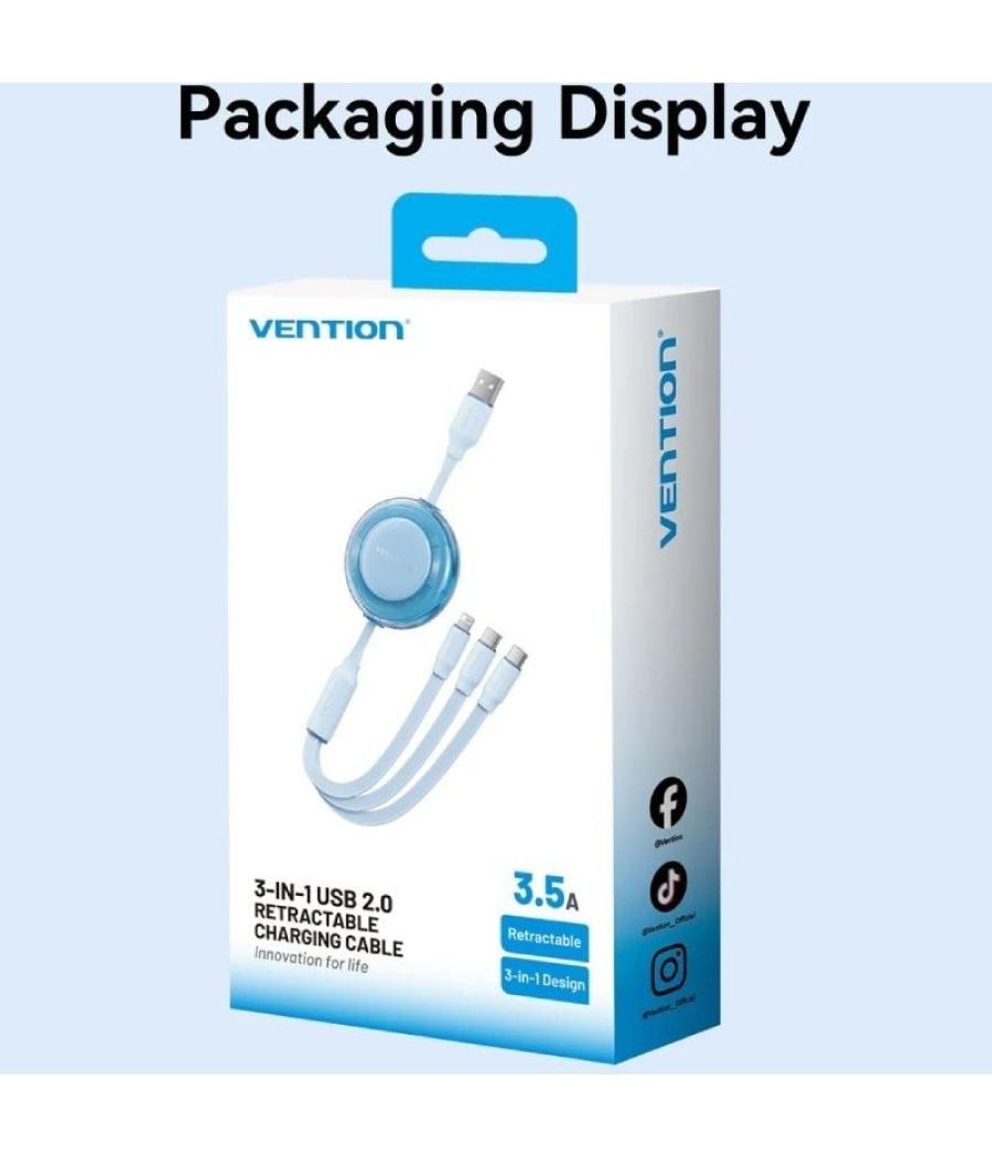 Cable usb retráctil vention trjbbe/ usb macho - lightning/ 2xusb tipo-c/ hasta 17.5w/ 10gbps/ 1.1m/ negro