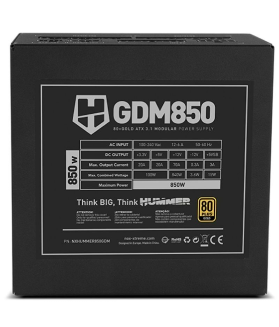 Fuente de alimentación nox hummer gdm/ 850w/ ventilador 12cm/ 80 plus gold