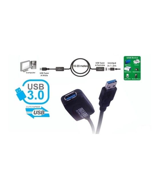 Cable extensión activo USB 3.0 A Macho a A Hembra - 10m - Negro - Imagen 1
