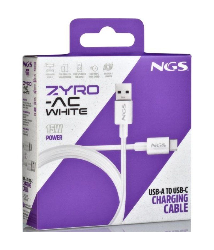 Cable usb 2.0 ngs zyro-ac/ usb macho - usb tipo-c macho/ hasta 15w/ 480mbps/ 1m/ blanco