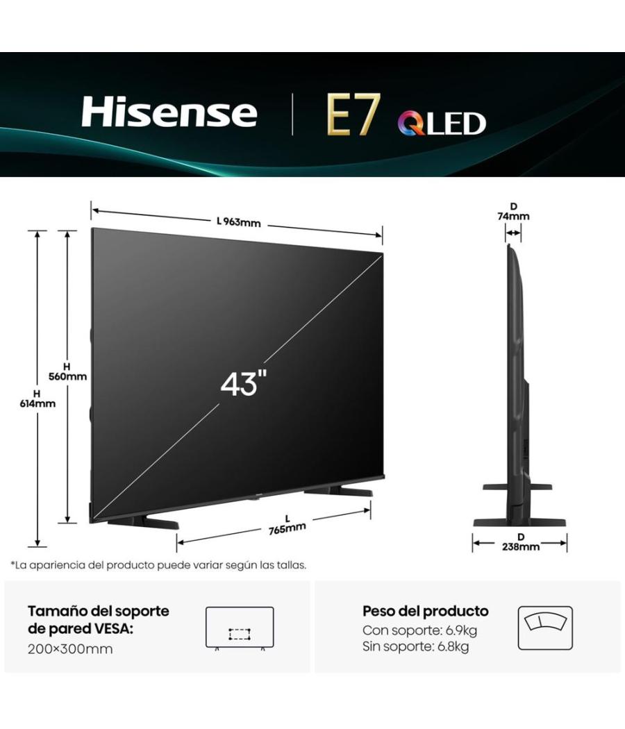 Tv hisense 43 pulgadas qled 4k uhd - 43e7q - smart tv