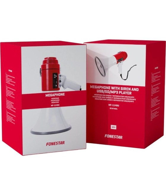 Megáfono con sirena fonestar mf-114su/ 25w/ usb/ sd/ a pilas/ a 12v cc